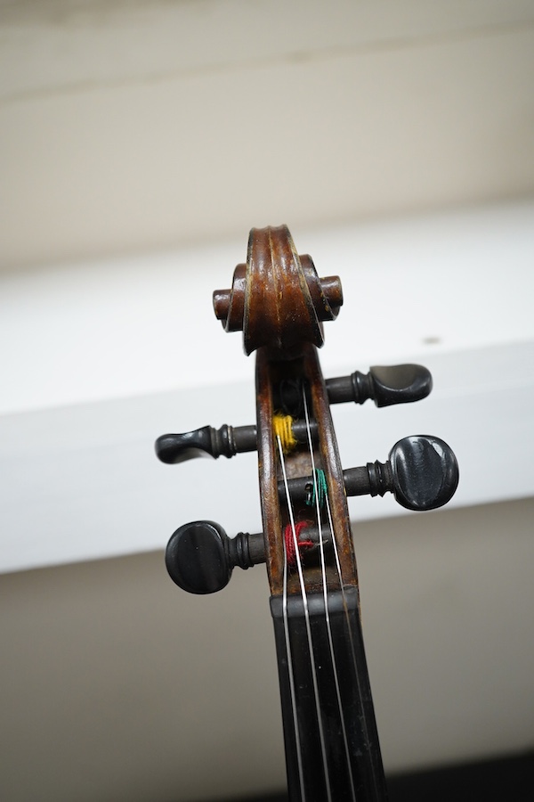 Three violins; a 3/4 Czech, a 1/2 size German and a 1/4 size Czech, all cased. Condition - fair to good